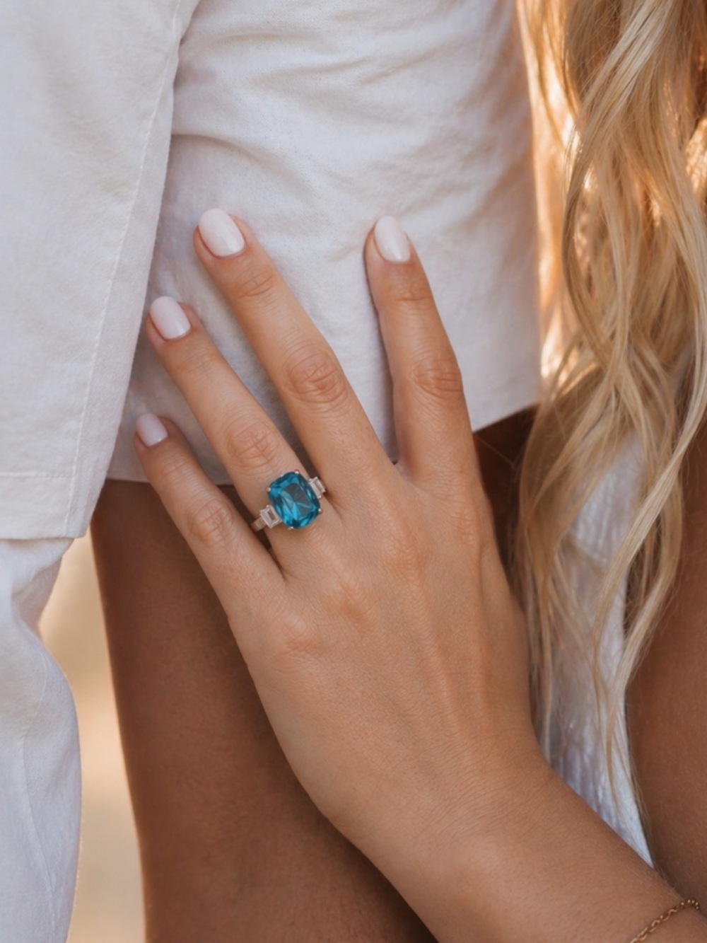 Blue Stone Cocktail Ring Baguette Side Stones Silver Tone Statement Ring